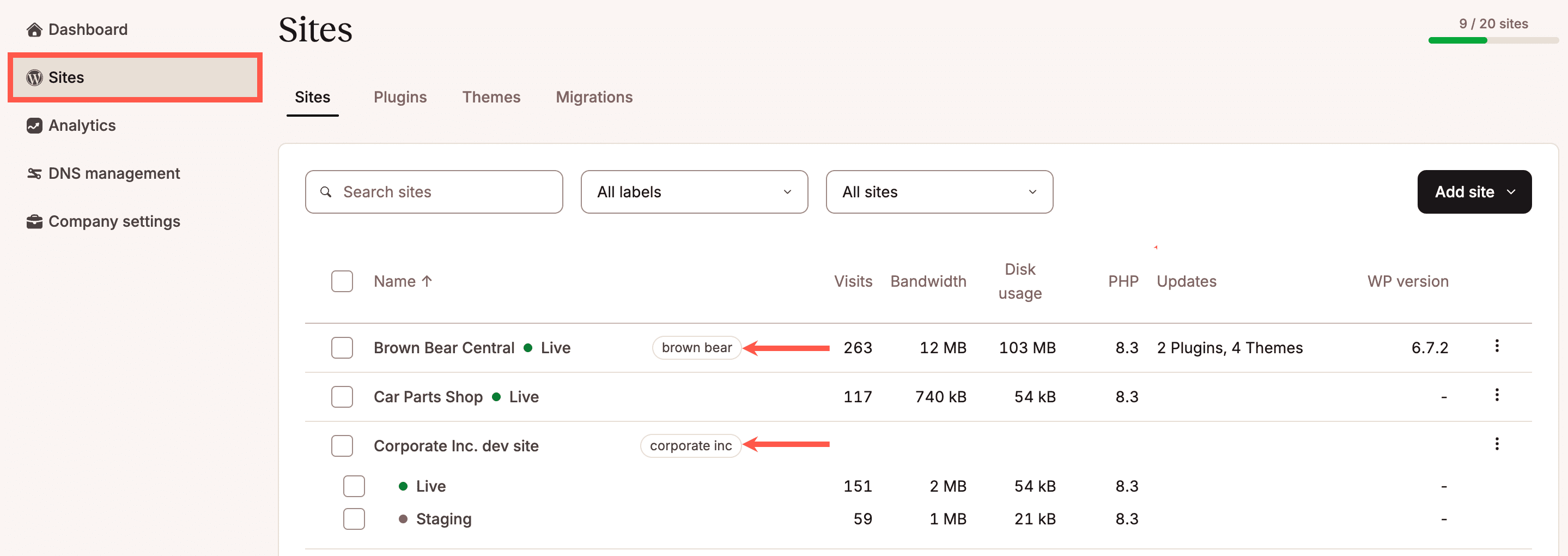 Site labels under site names in MyKinsta.