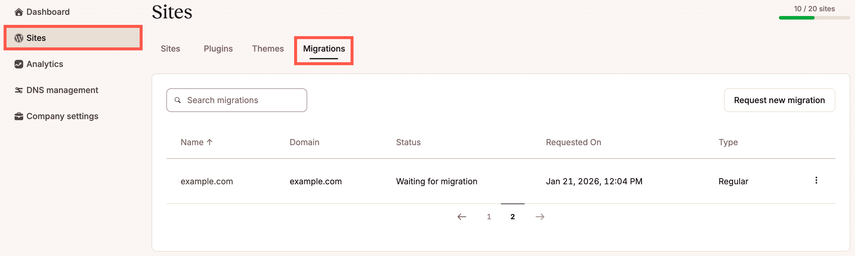 View migration requests on the Migrations tab within the Sites page in MyKinsta.