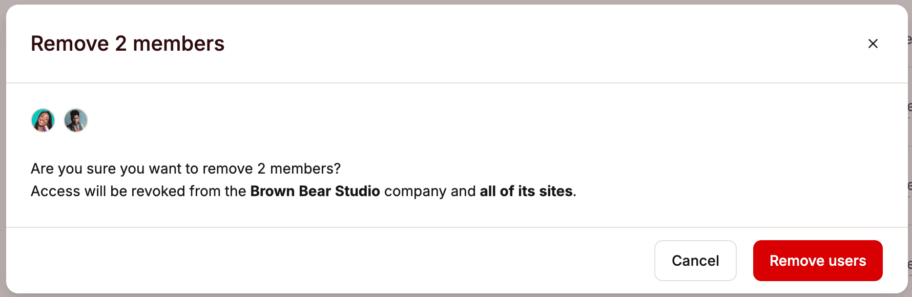 Confirm removing multiple users from a company in MyKinsta.