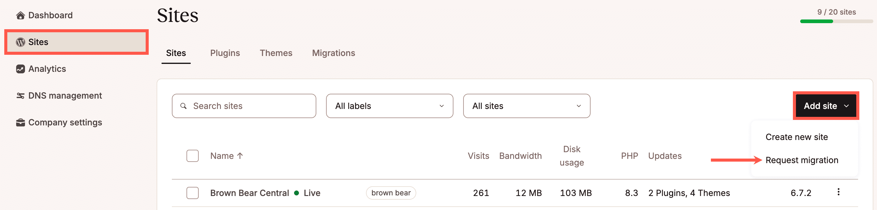 Select Request migration on the Sites page in MyKinsta.