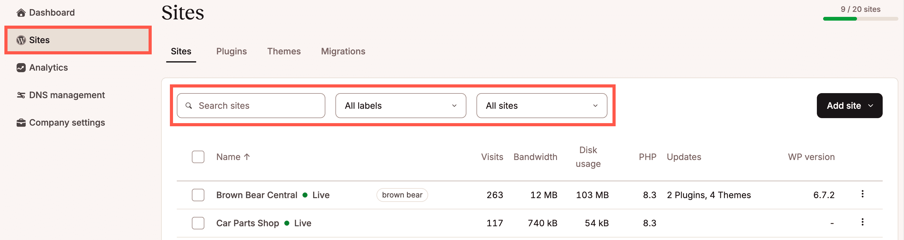 Search and filter your sites.