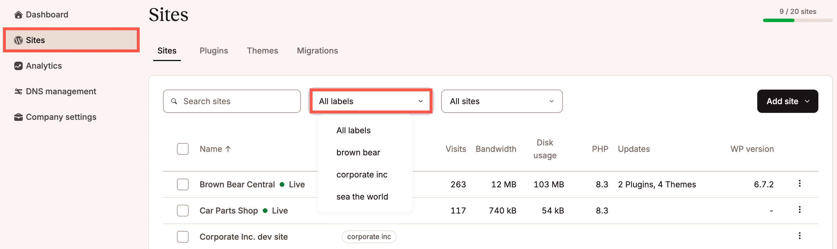 Filter by site label in MyKinsta.