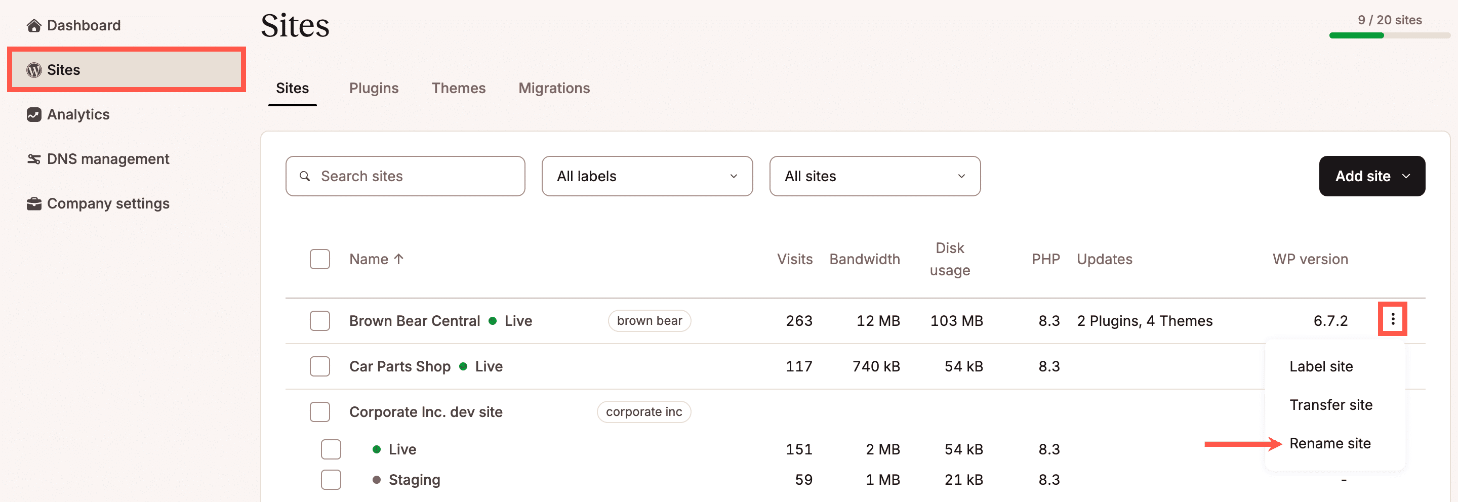 Rename your site from the Sites list in MyKinsta.