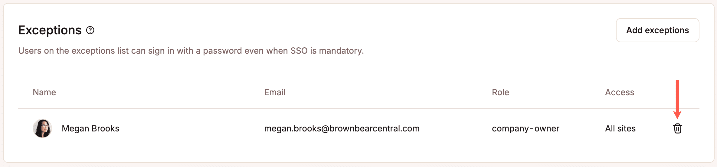 Supprimer un utilisateur de la liste des exceptions.