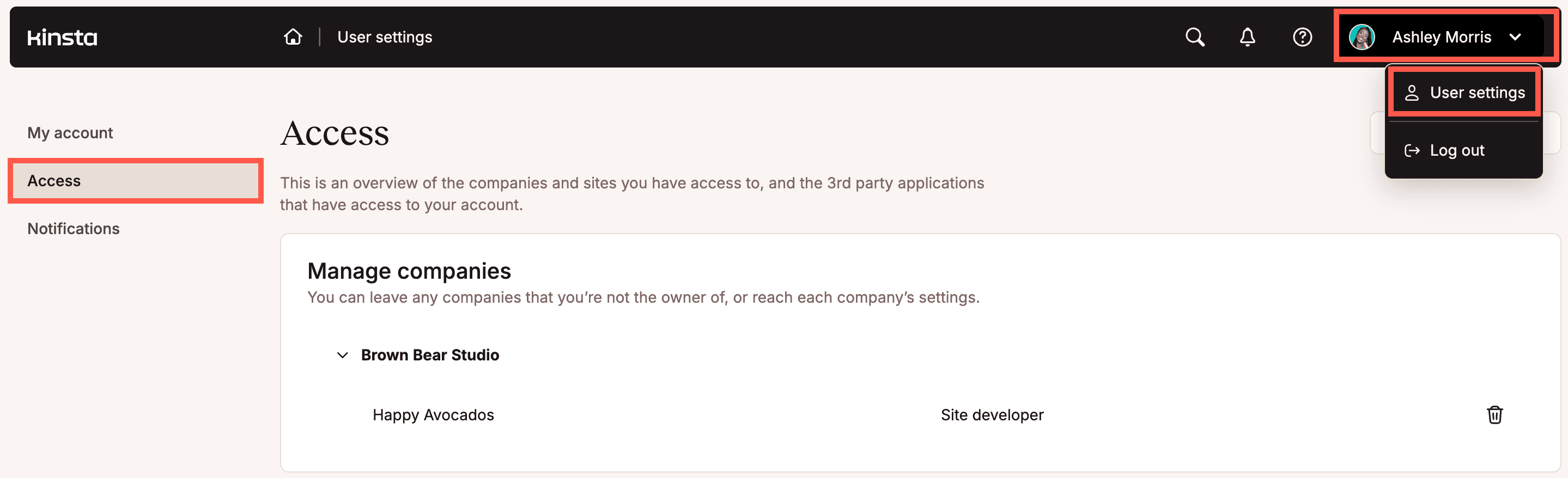 View which companies and sites you have access to.