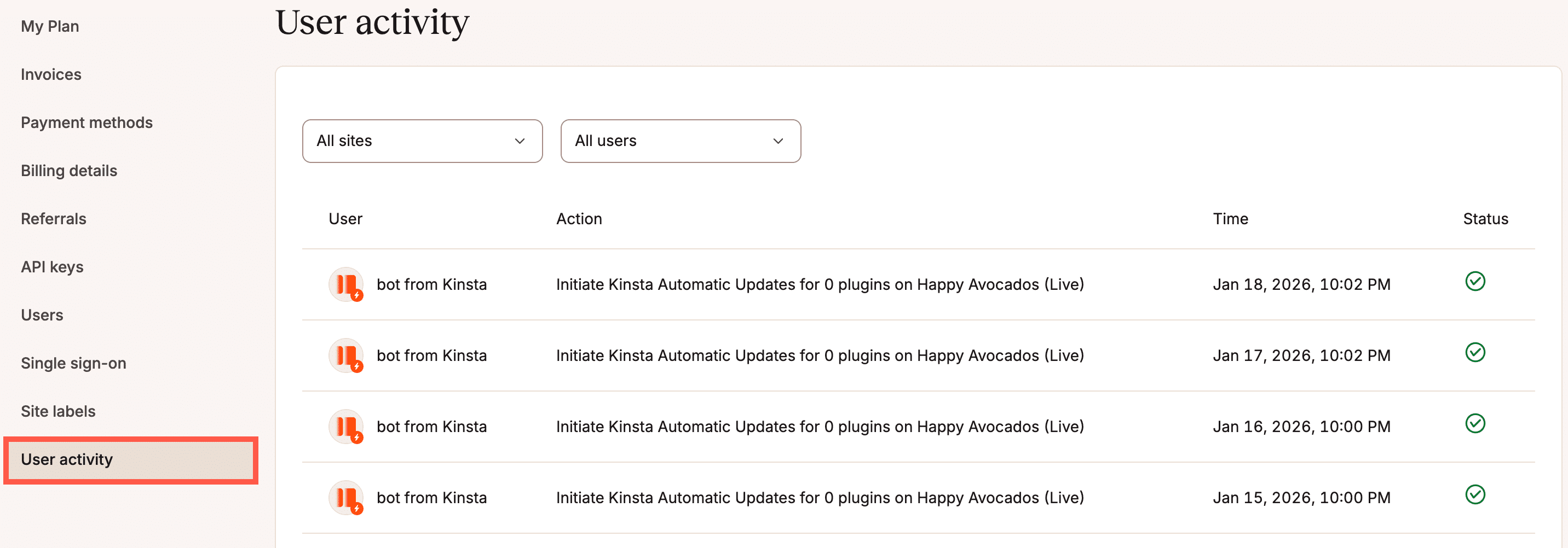 Company Activity Log in MyKinsta.