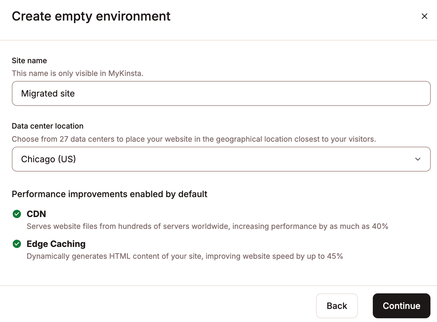 Add your site name and choose the data center location. 