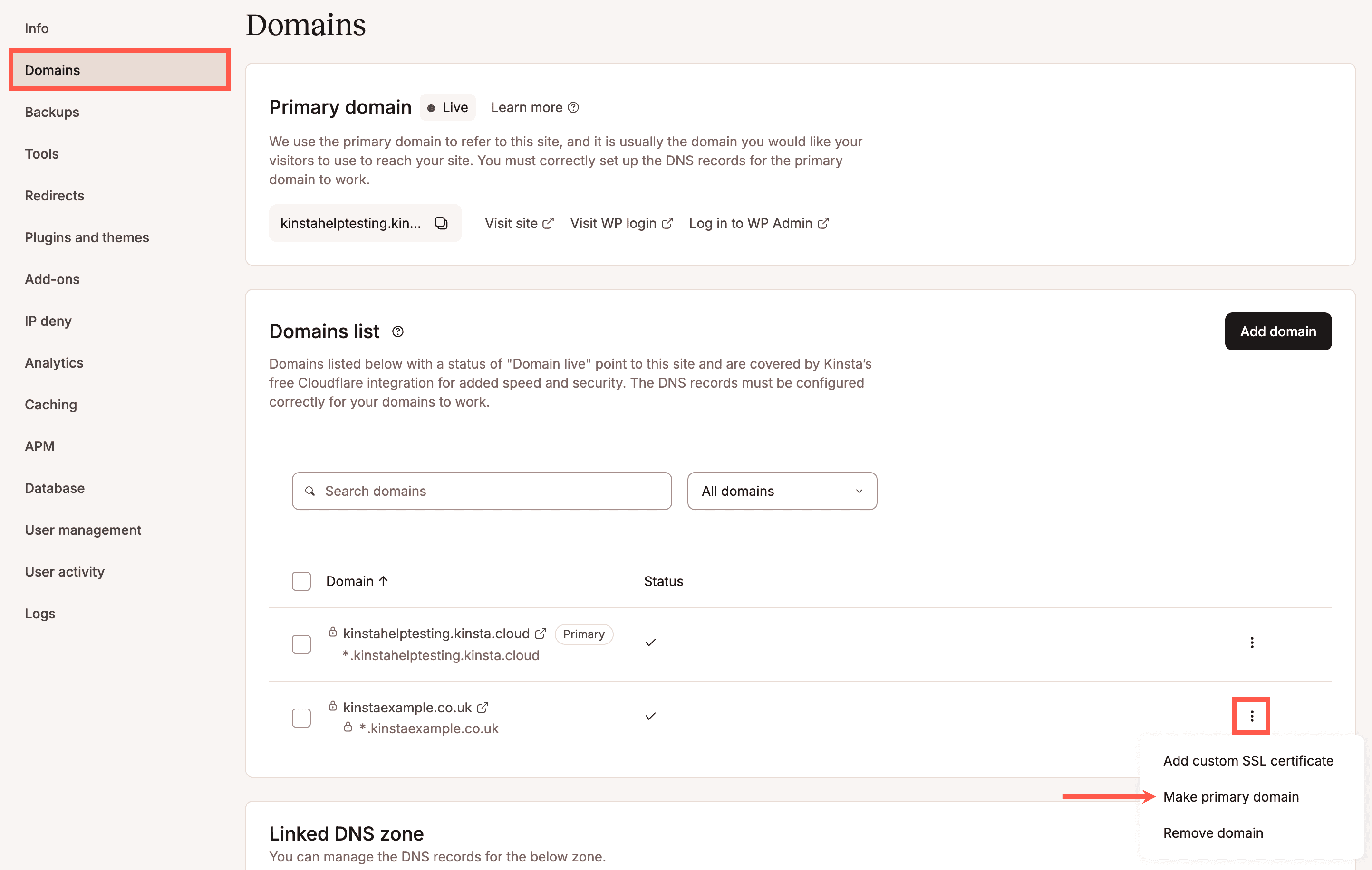 Make a domain the primary domain in MyKinsta.