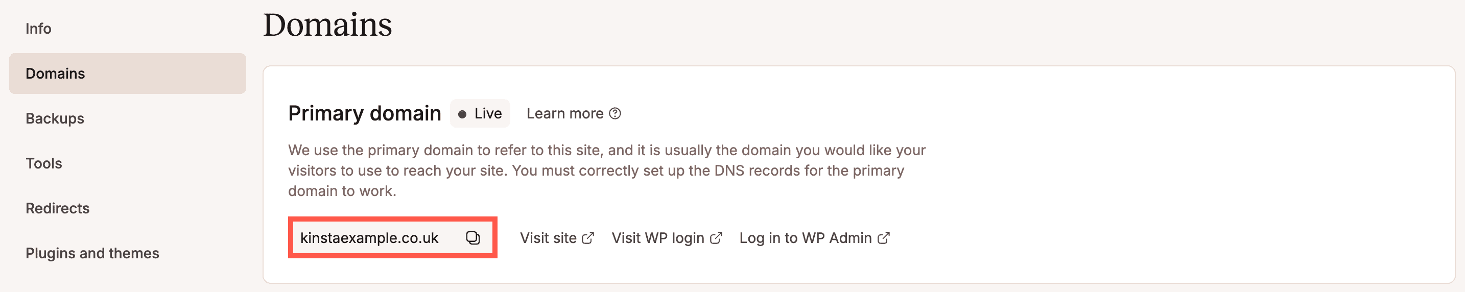 New primary domain in MyKinsta.