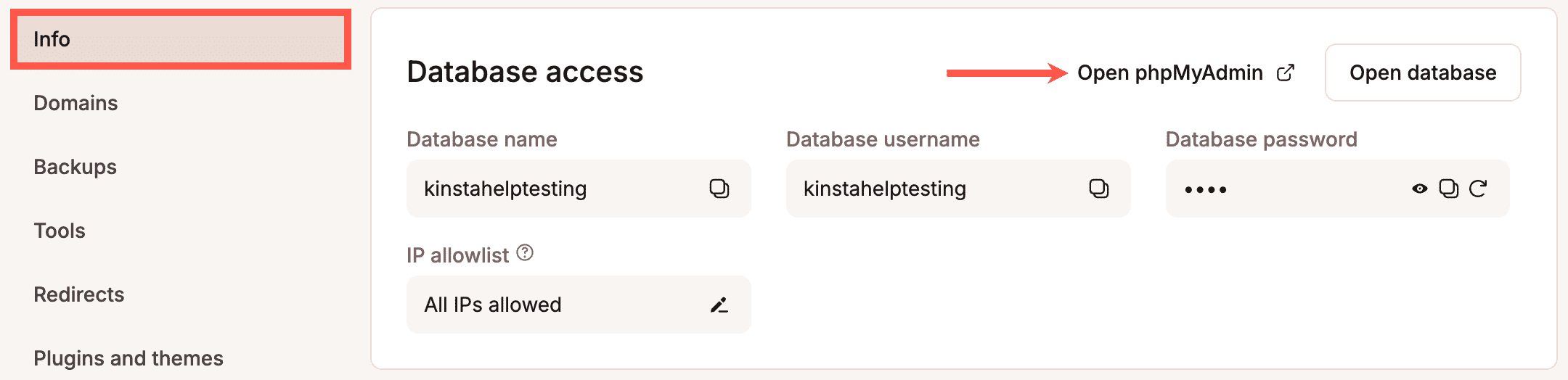 Open phpMyAdmin in MyKinsta. 