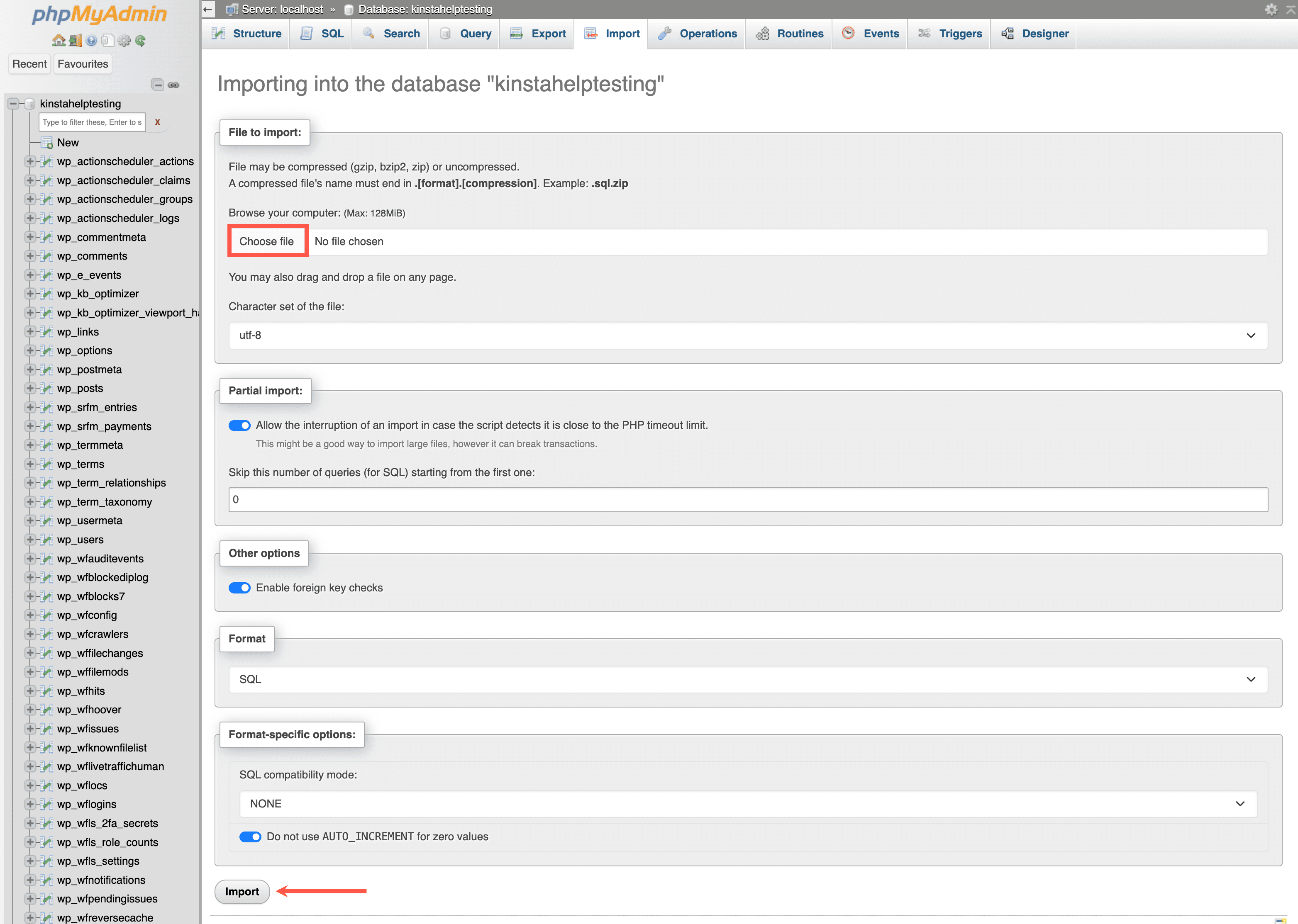 Select your .sql file to import in phpMyAdmin.