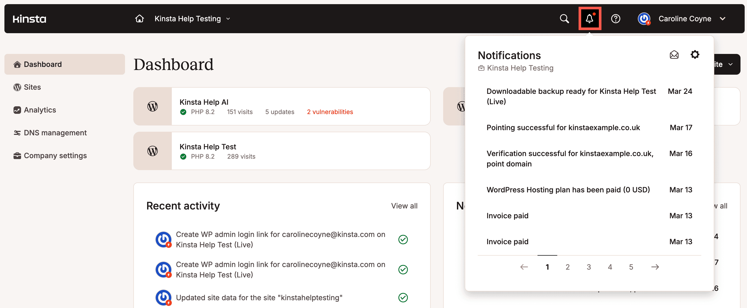 Notifications in MyKinsta.