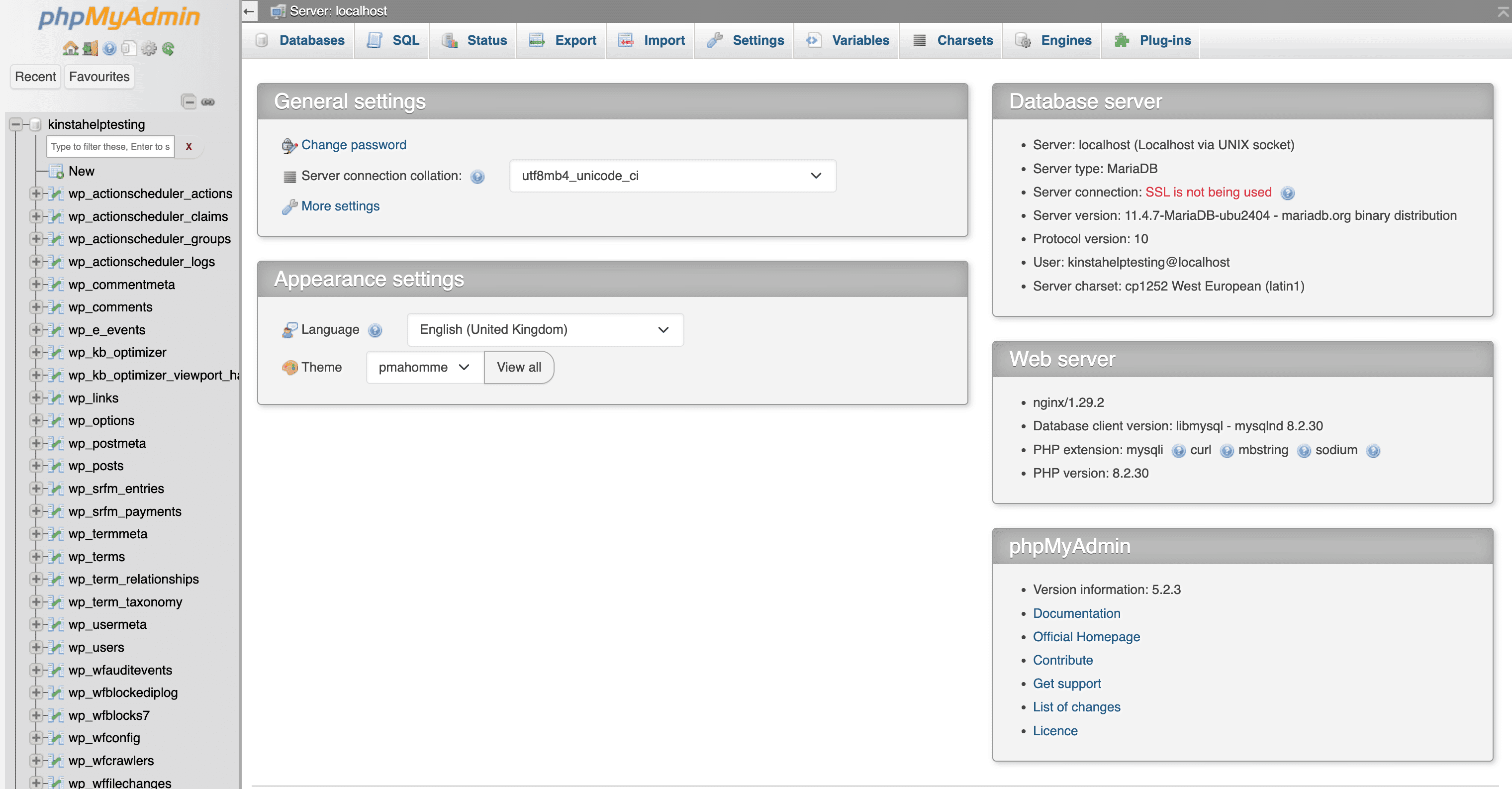 Viewing your database in phpMyAdmin.