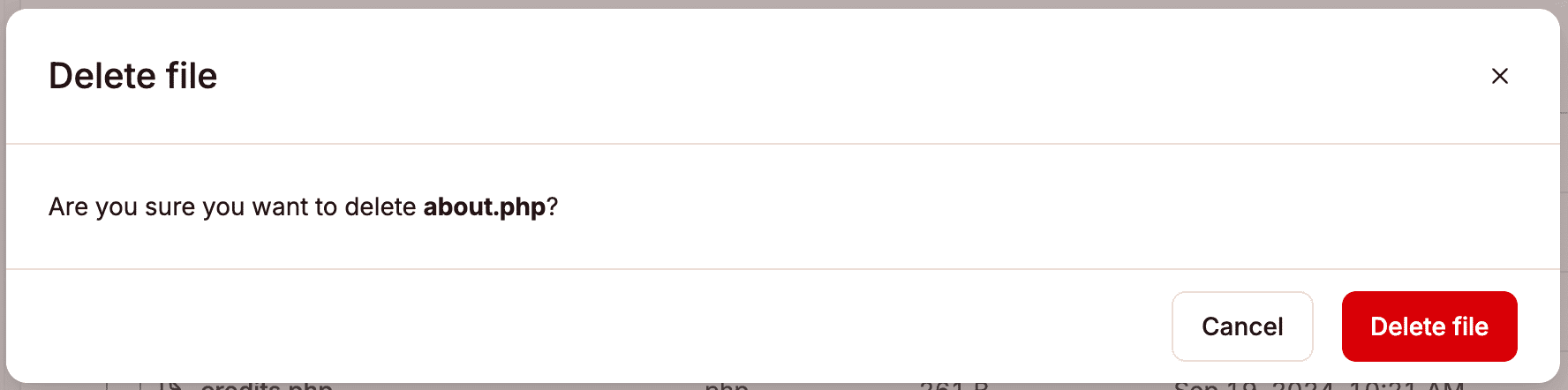Delete a file in MyKinsta's file manager.     