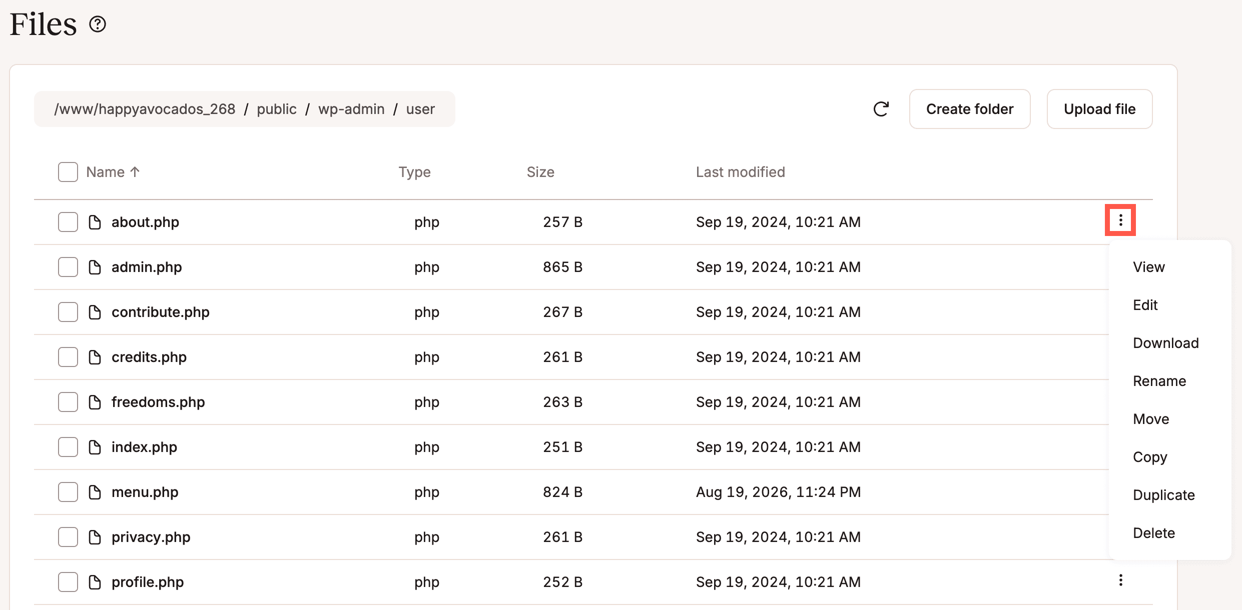 View, edit, download, rename, move, copy, duplicate, or delete a WordPress file in MyKinsta's File Manager.