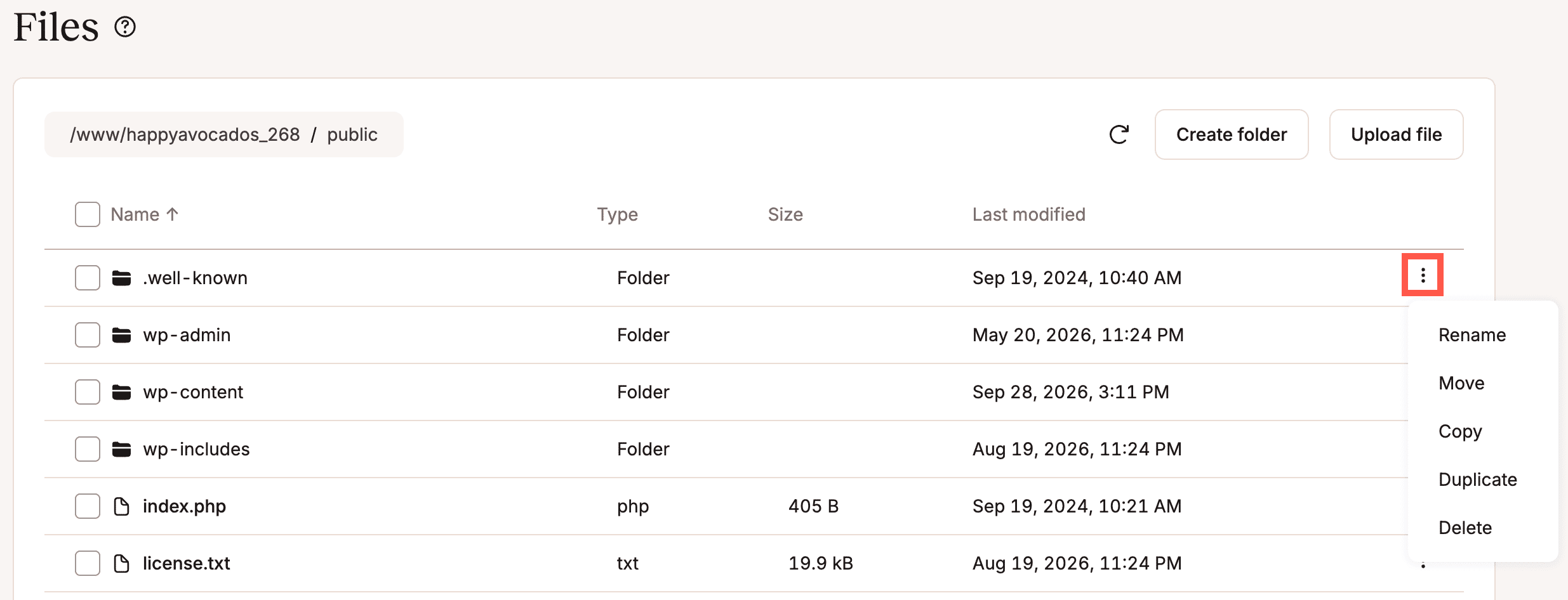 Rename, move, copy, duplicate, or delete a WordPress folder in MyKinsta's File Manager.