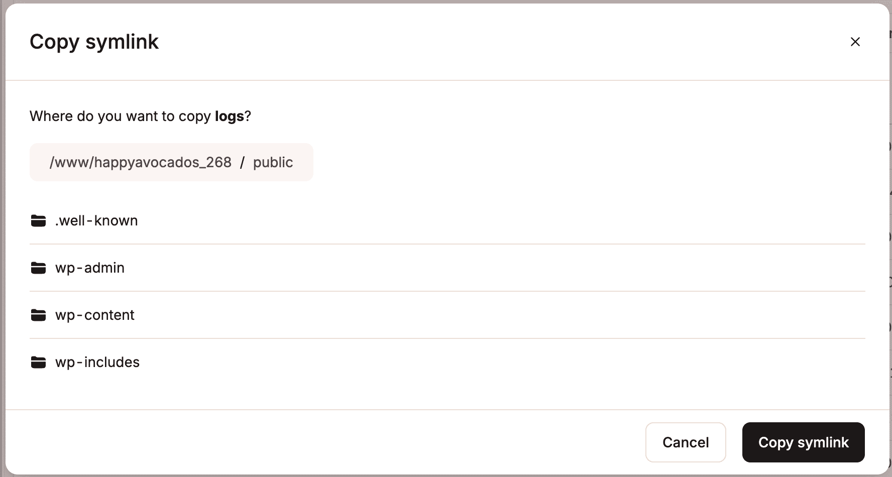 Copy a symlink in MyKinsta's file manager.