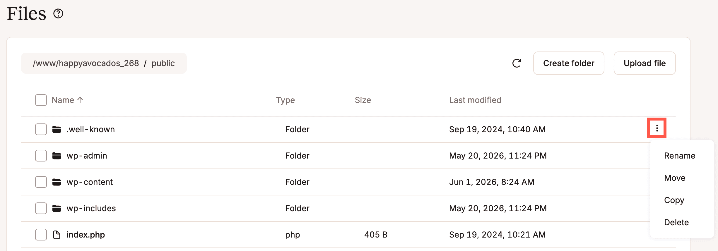 Rename, move, copy, or delete a WordPress folder in MyKinsta's file manager.