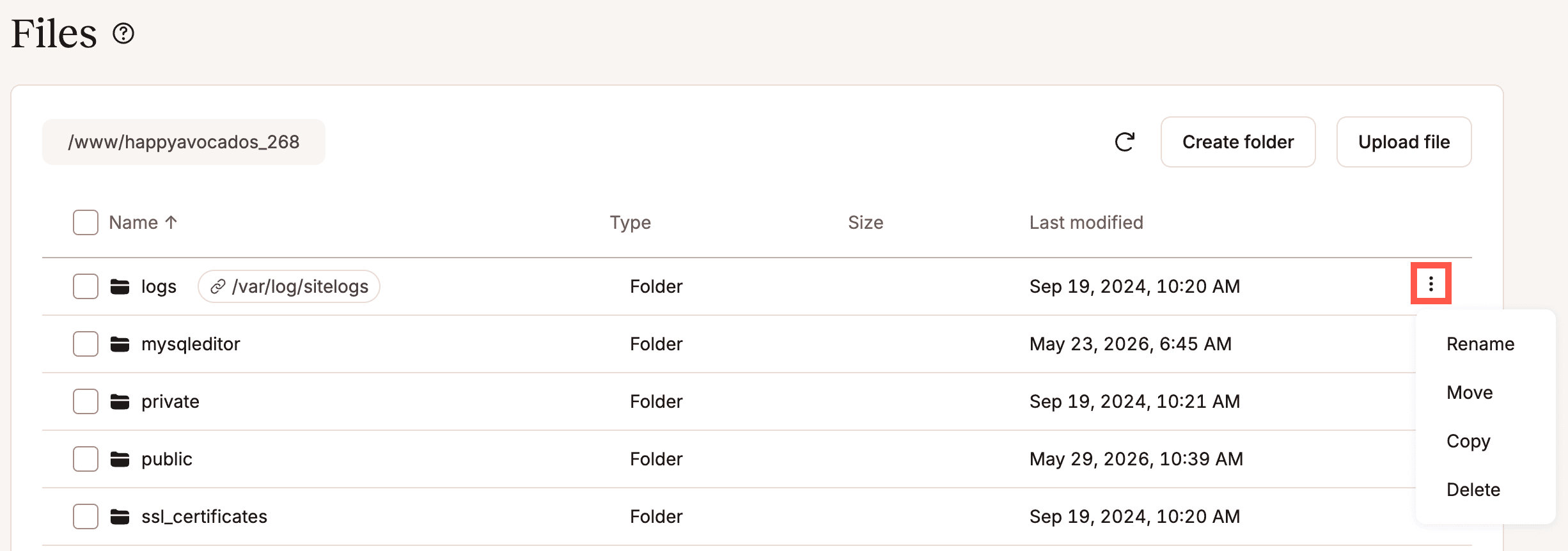 Rename, move, copy, or delete a symlink in MyKinsta's file manager.