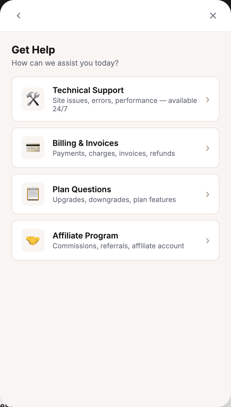 Choose the type of support you need. 