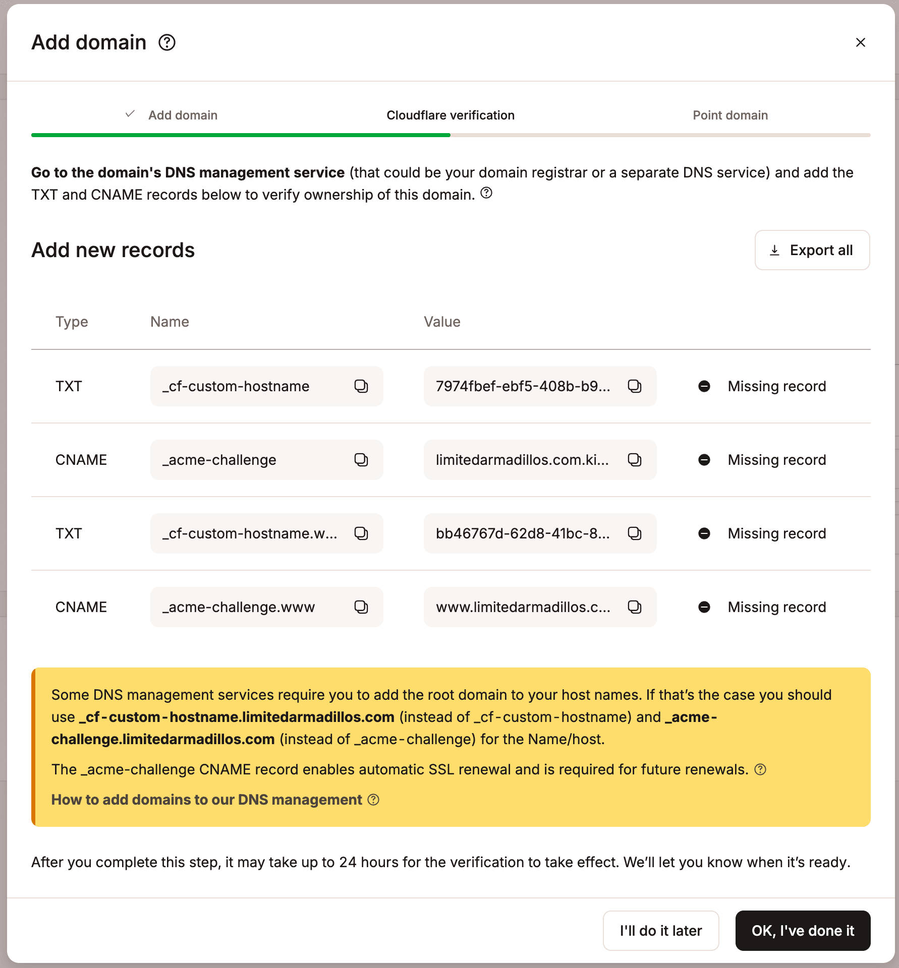 Adicione os registros TXT e CNAME ao DNS para verificar a propriedade do domínio.