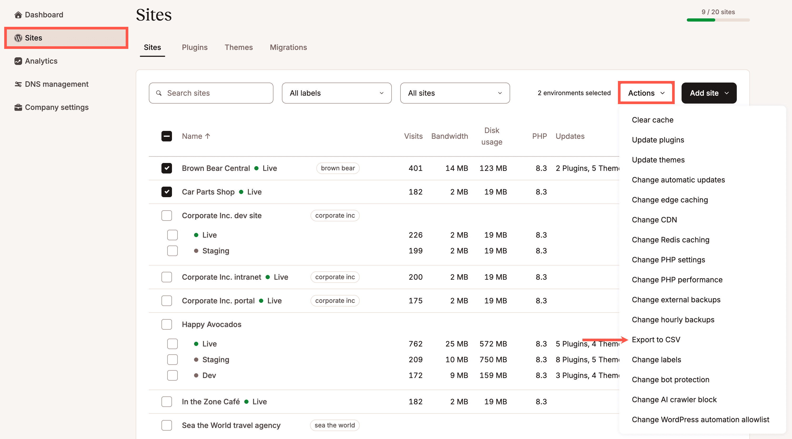 Select which sites you want to export to CSV.