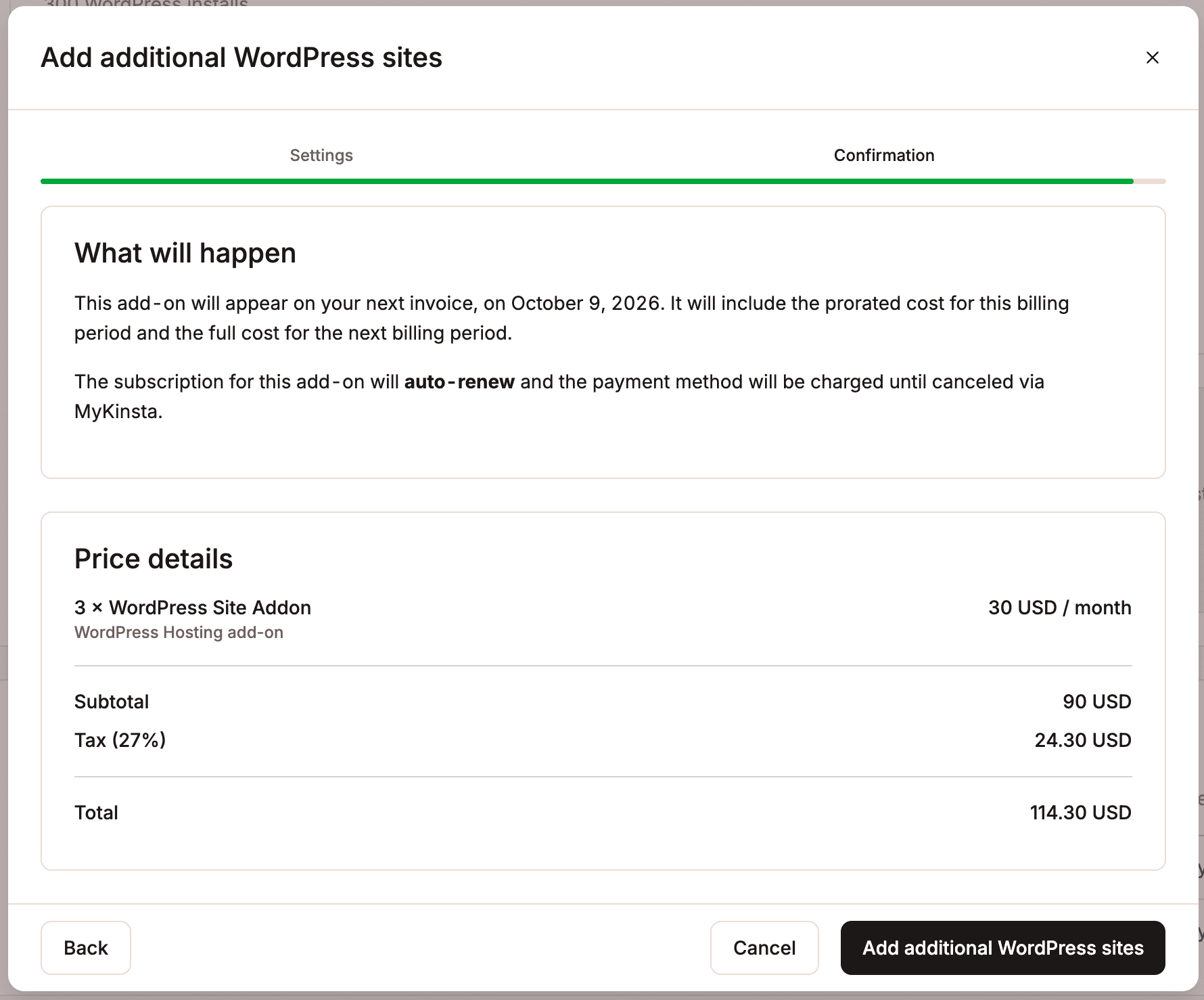 Review the price details and confirm the add-on.