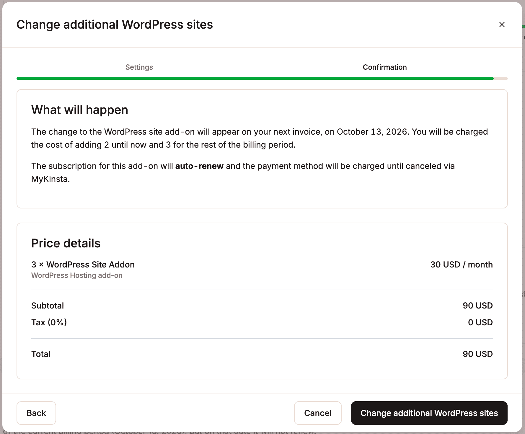Confirm the changes to your WordPress site add-on.