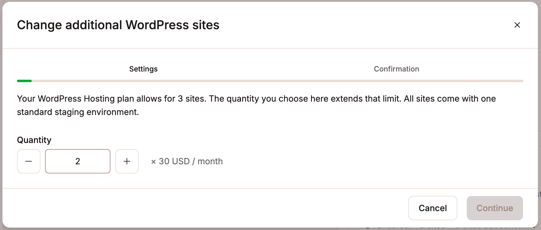 Change the number of sites with the WordPress site add-on.
