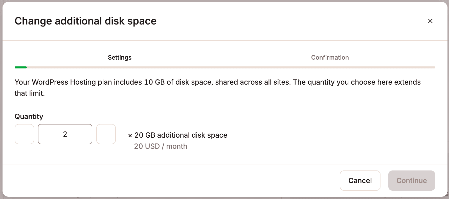 Change the quantity of the disk space add-on.