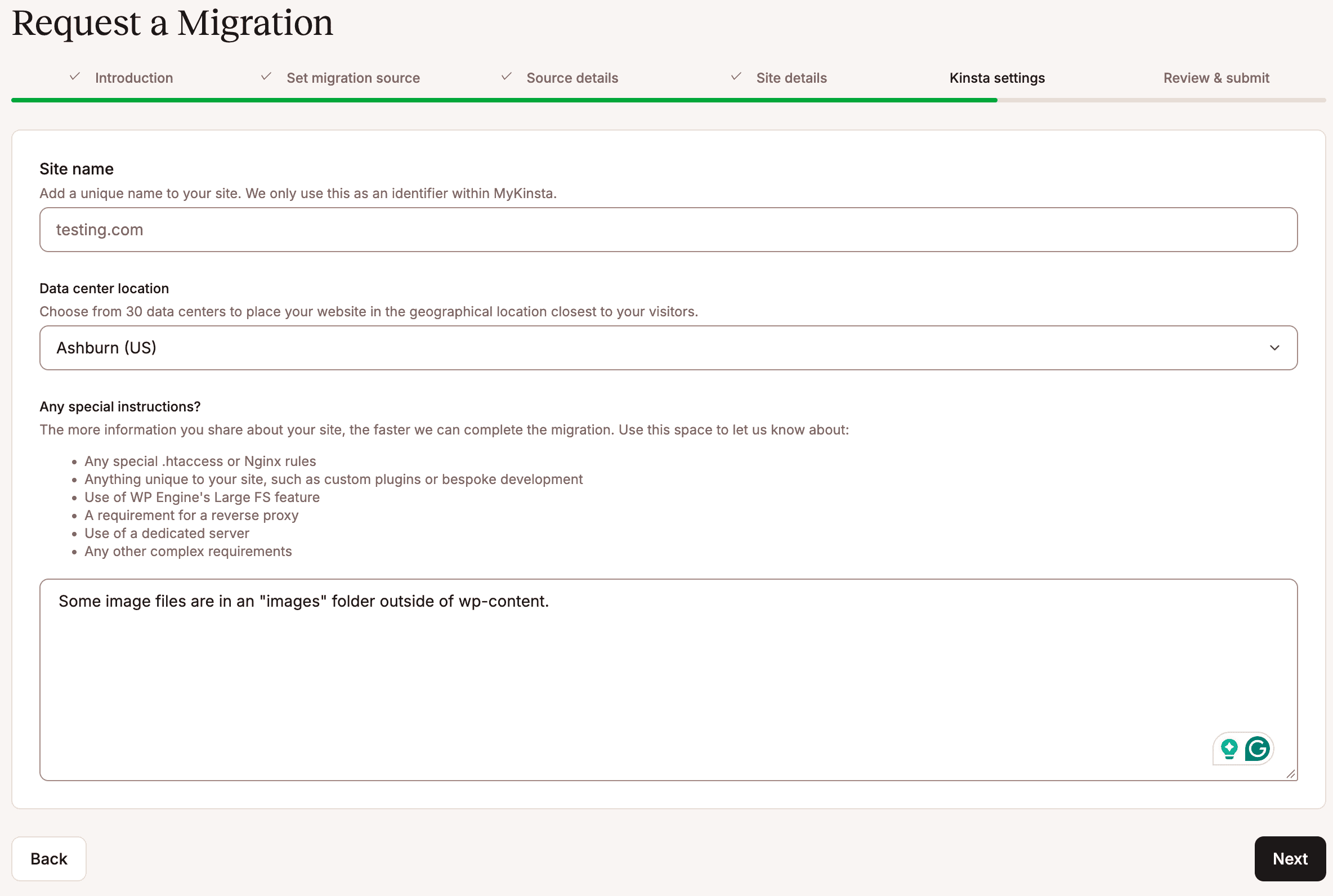 Add your Kinsta site details to your migration request.