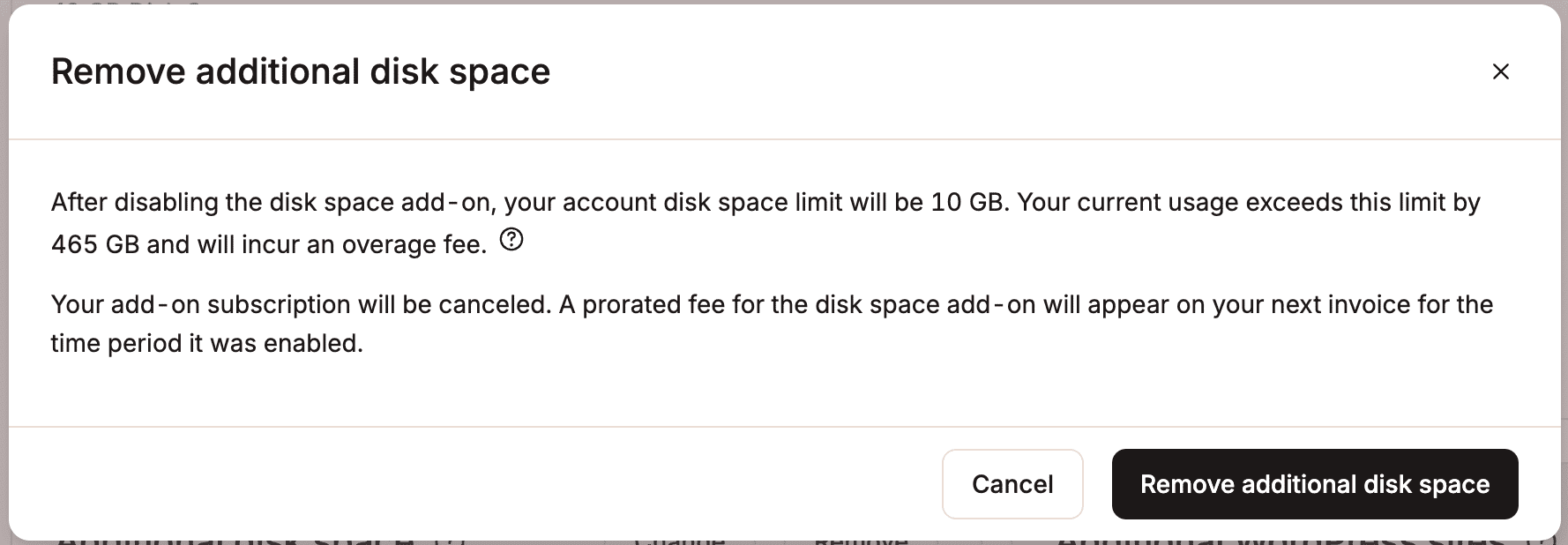 Remove the disk space add-on.