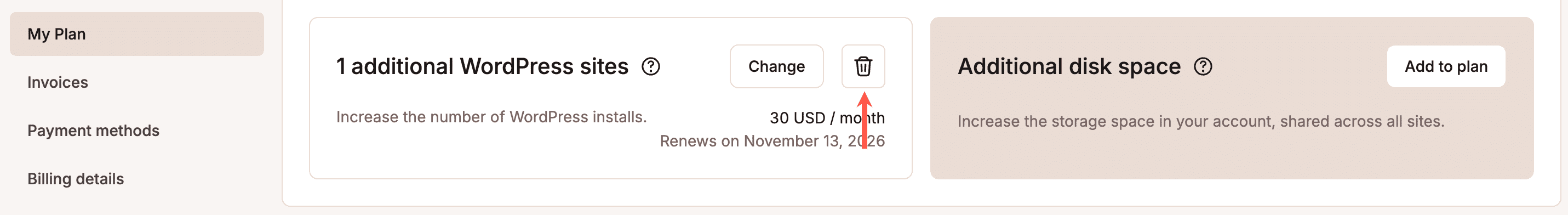 Remove the WordPress site add-on.