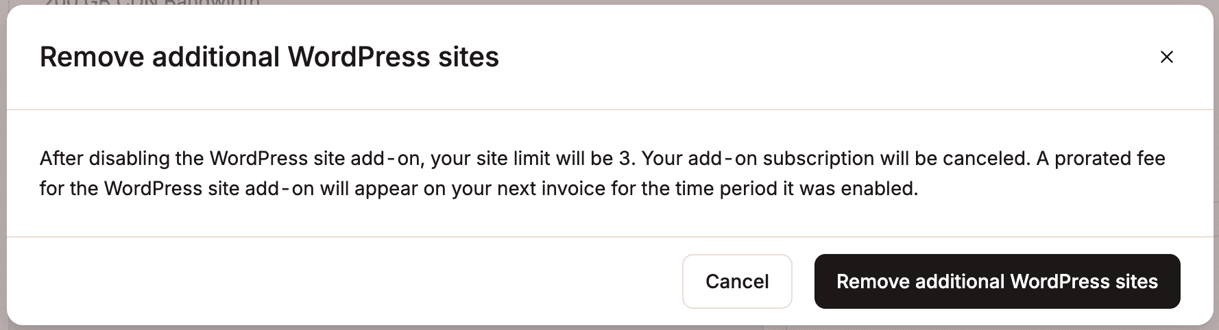 Confirm you want to remove the WordPress site add-on.