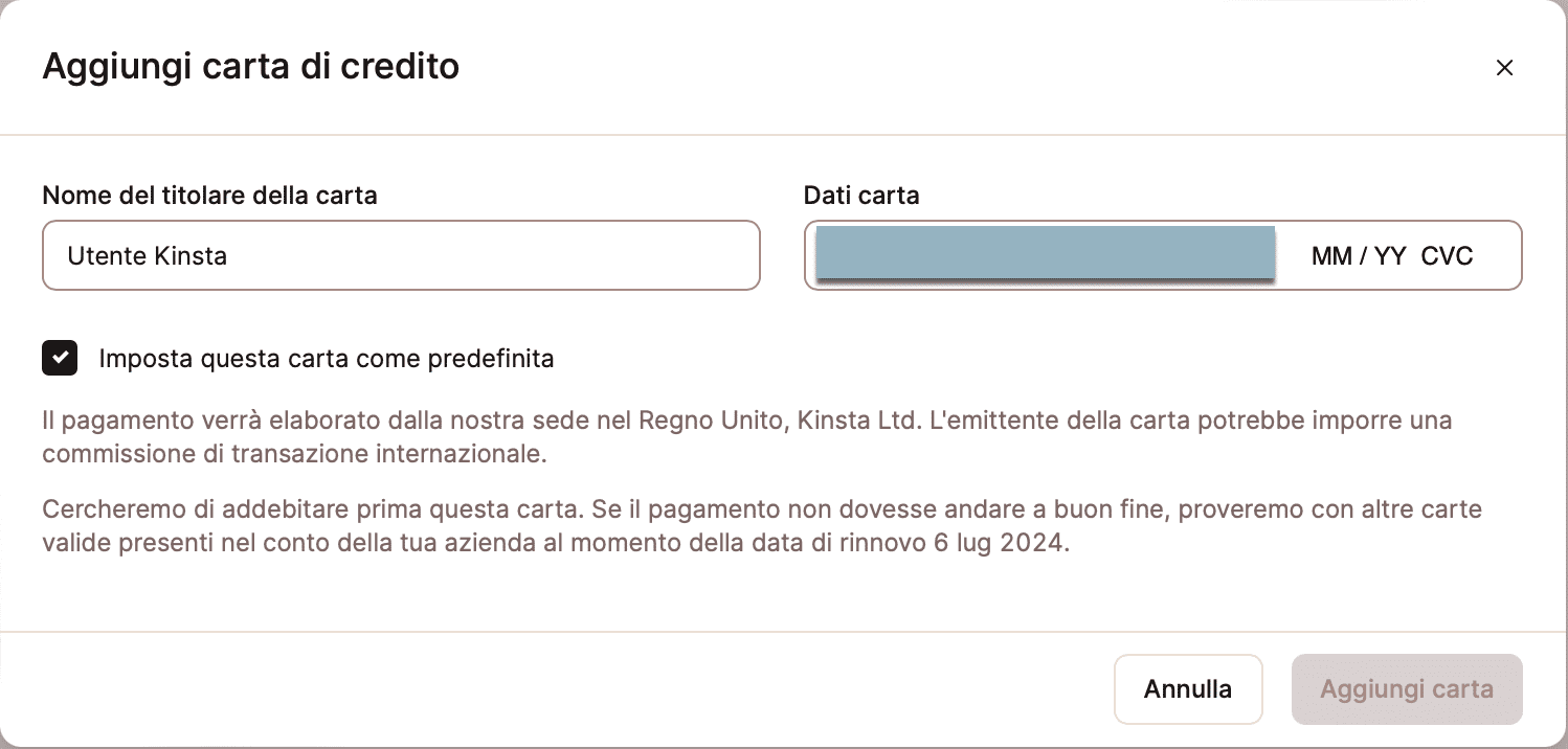 Aggiunta di una carta di credito transfrontaliera su MyKinsta.