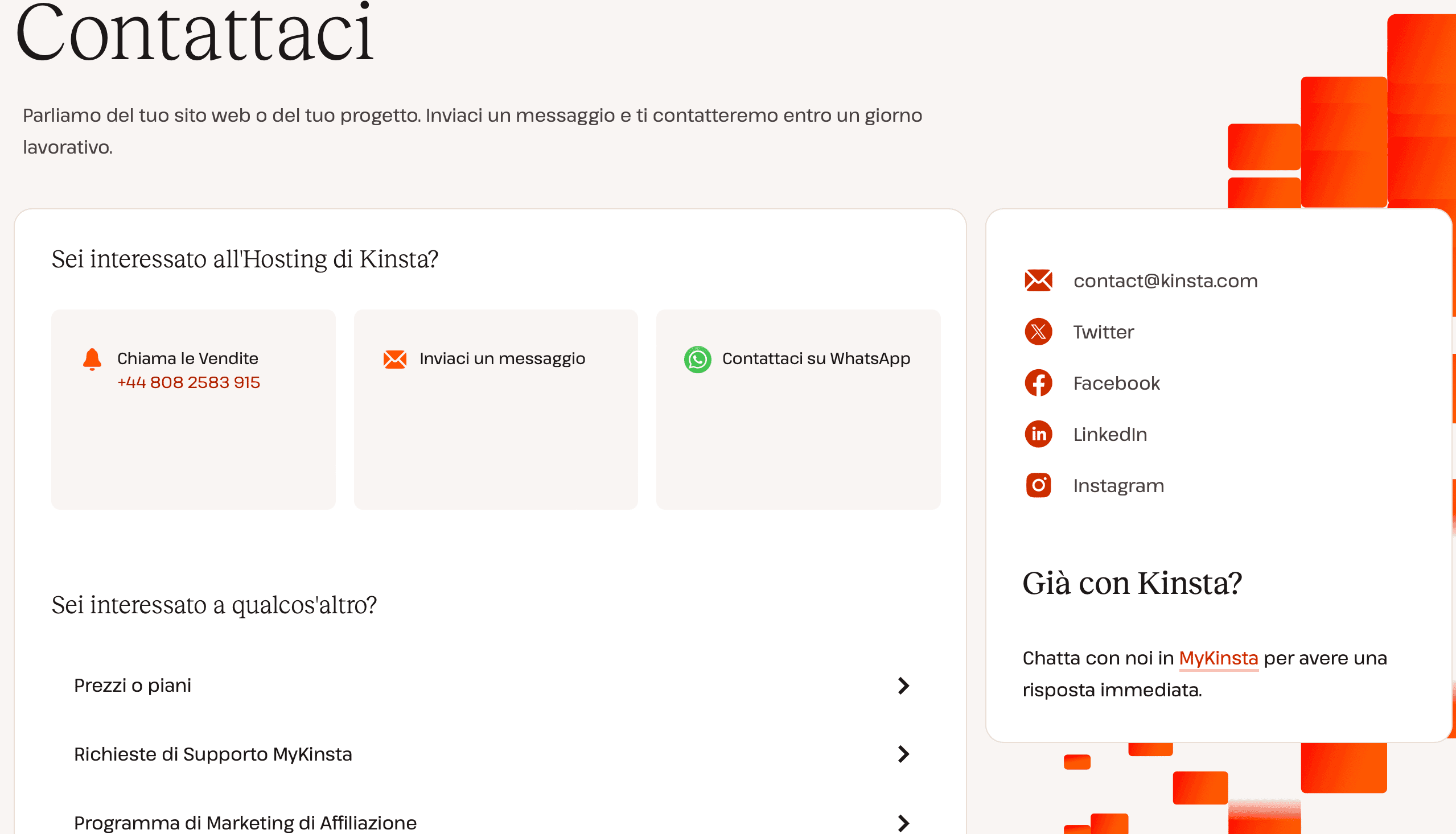 Contattare il team Vendite di Kinsta attraverso la pagina Contatti.