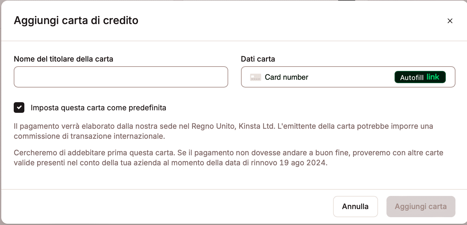 Aggiungete la carta di credito in MyKinsta.