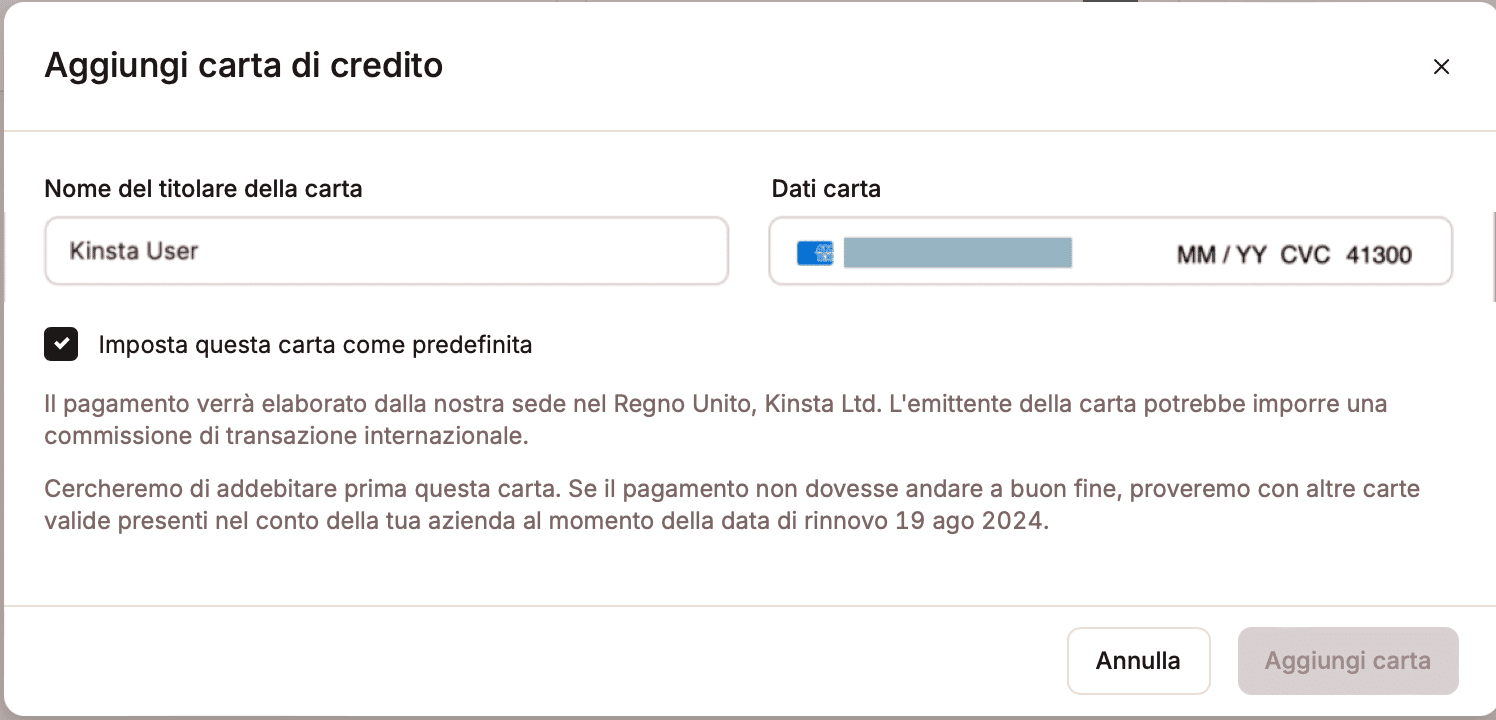 Aggiungete una carta di credito transfrontaliera in MyKinsta.