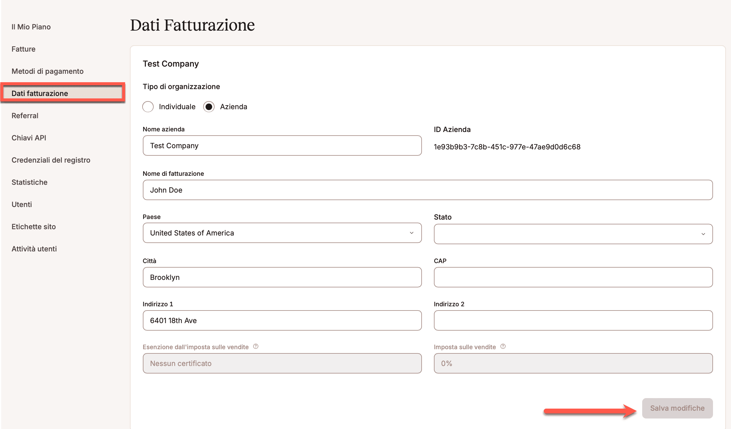 Cambiare l'indirizzo di fatturazione in MyKinsta.