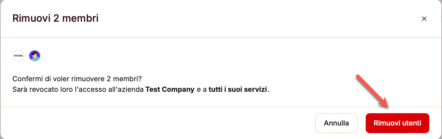 Confermare la rimozione di più utenti da un'azienda in MyKinsta.