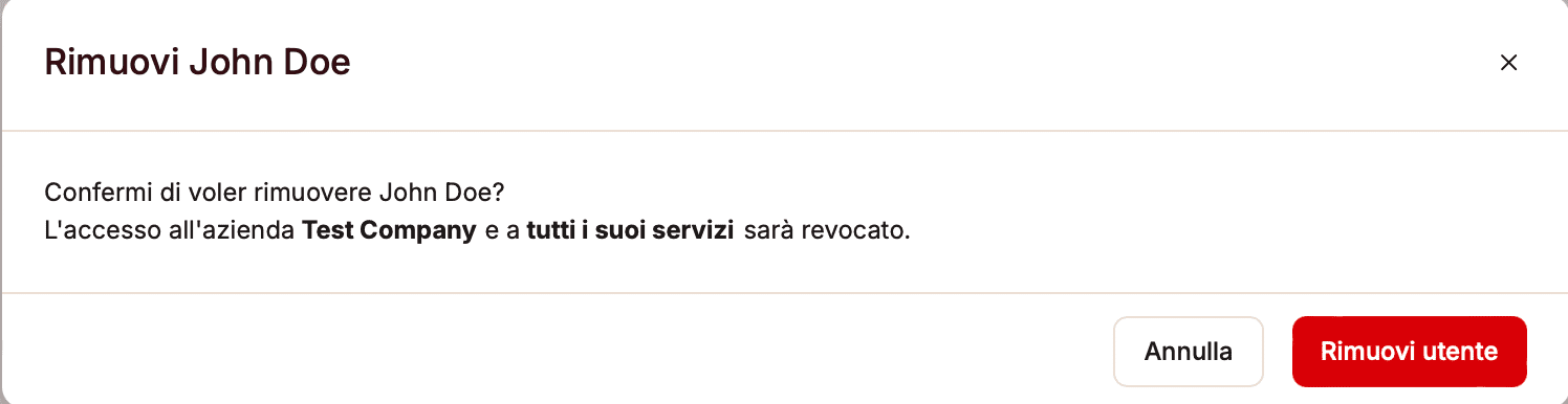 Confermare la rimozione di un utente da un'azienda in MyKinsta.