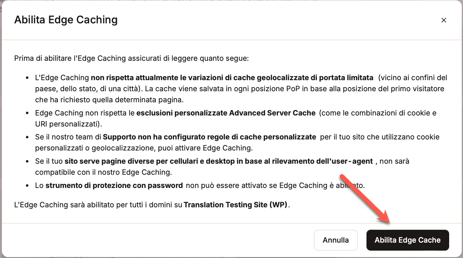 Confermare l'abilitazione dell'Edge Caching in MyKinsta.