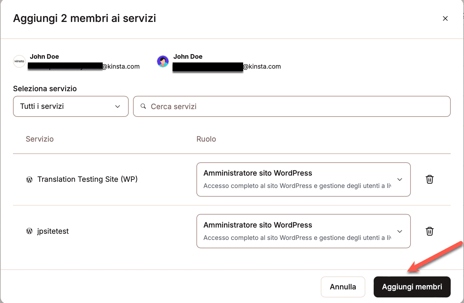 Fare clic su Aggiungi membri per confermare gli utenti che si stanno aggiungendo al sito (o ai siti).