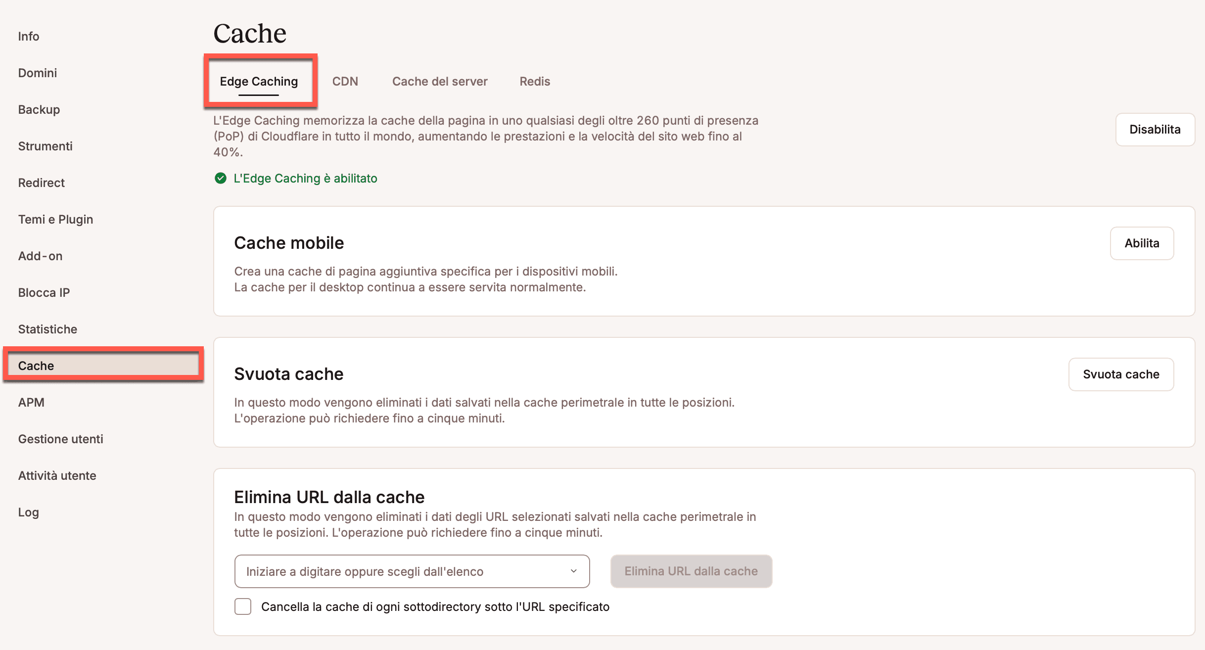 Impostazioni di Edge Caching in MyKinsta.
