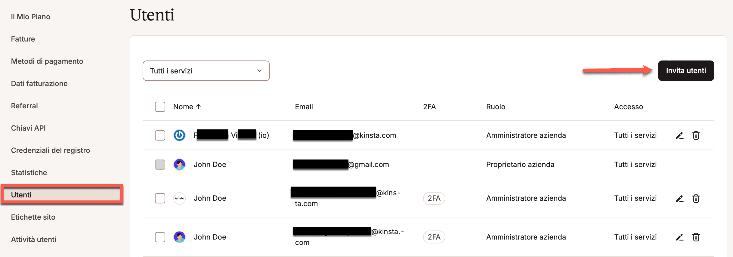 Invitare gli utenti alla propria azienda in MyKinsta.