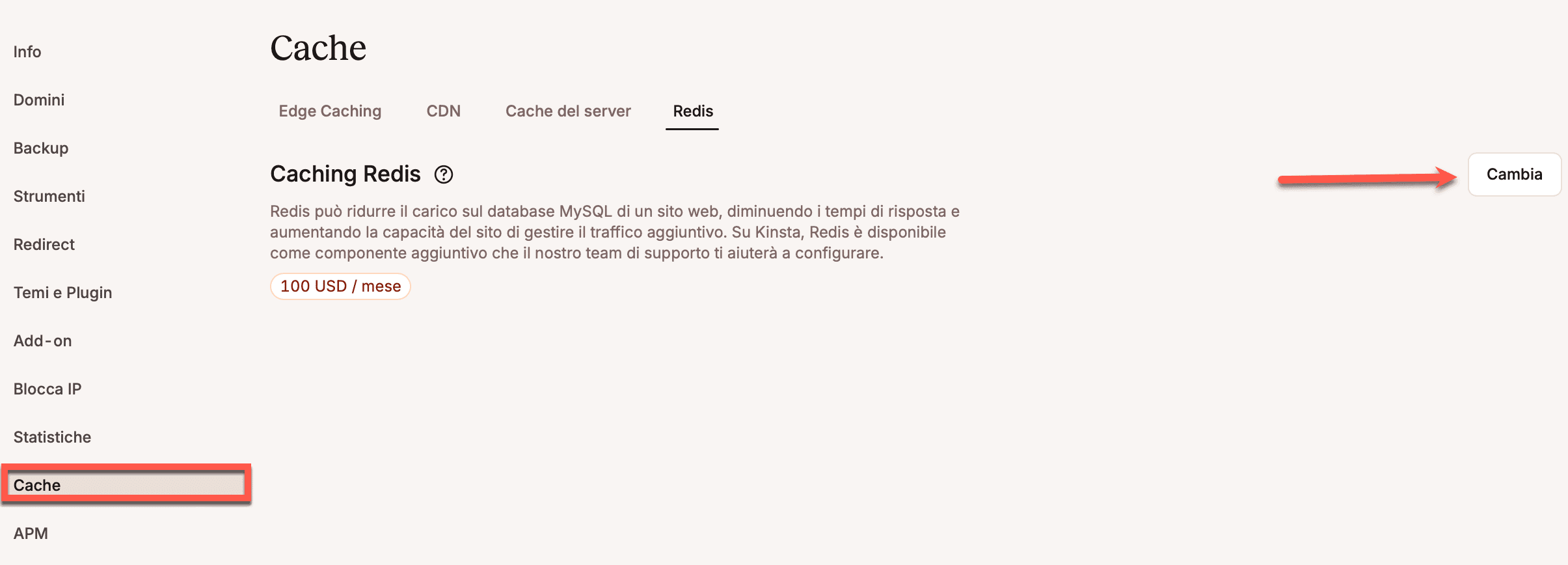 Richiedete il componente aggiuntivo Redis per il vostro sito.