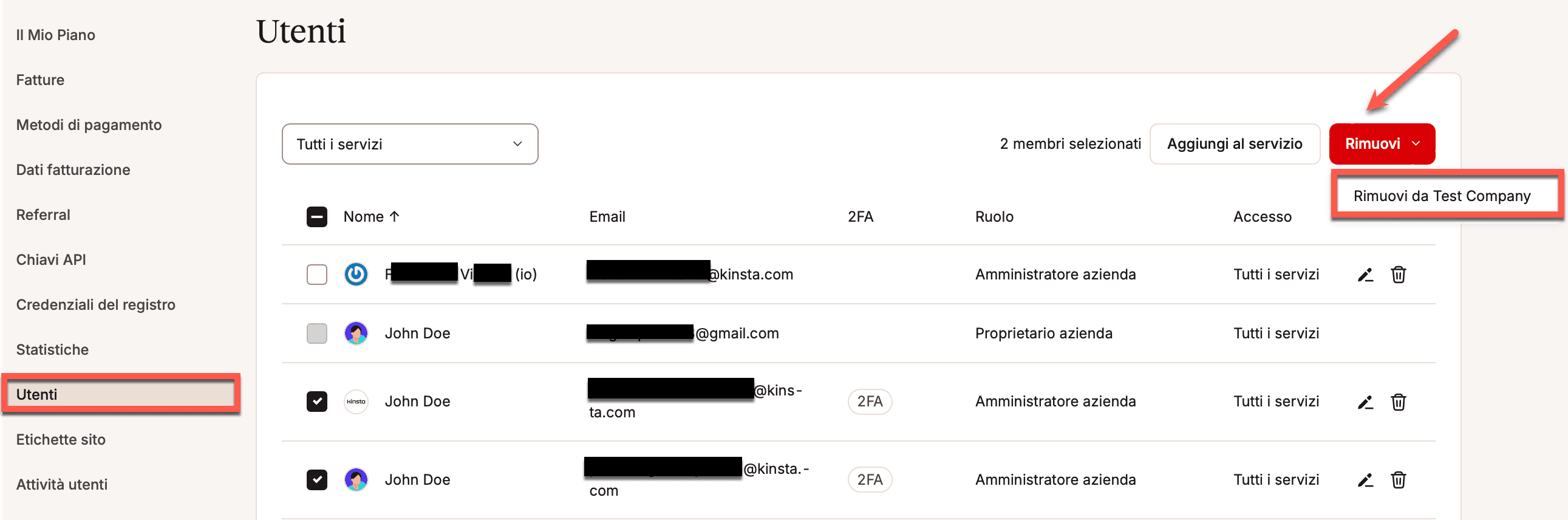 Rimuovere più utenti da un'azienda in MyKinsta.