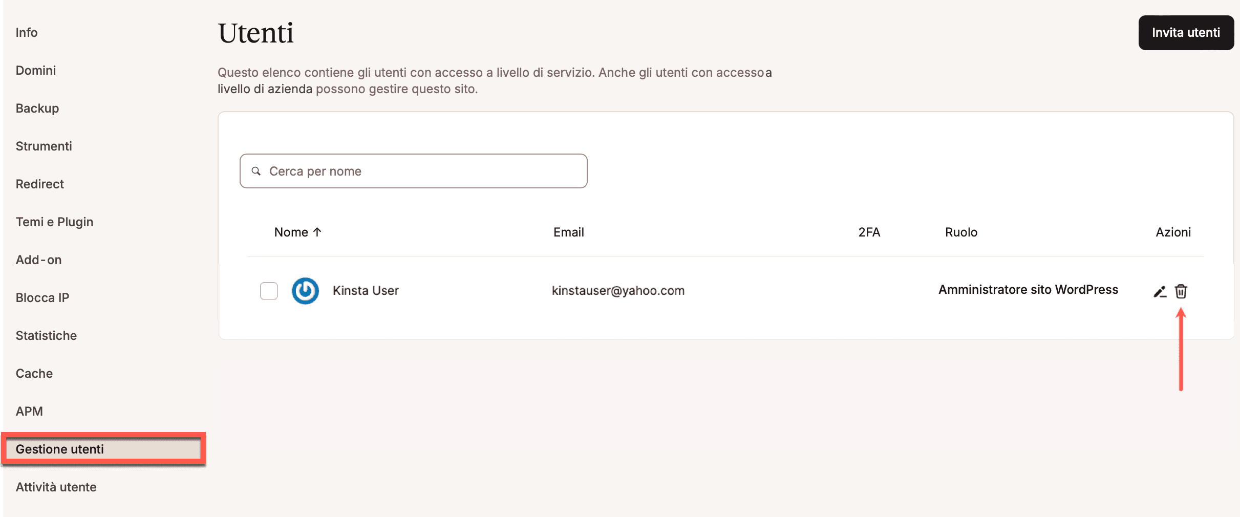 Rimuovere un utente da un sito WordPress in MyKinsta.