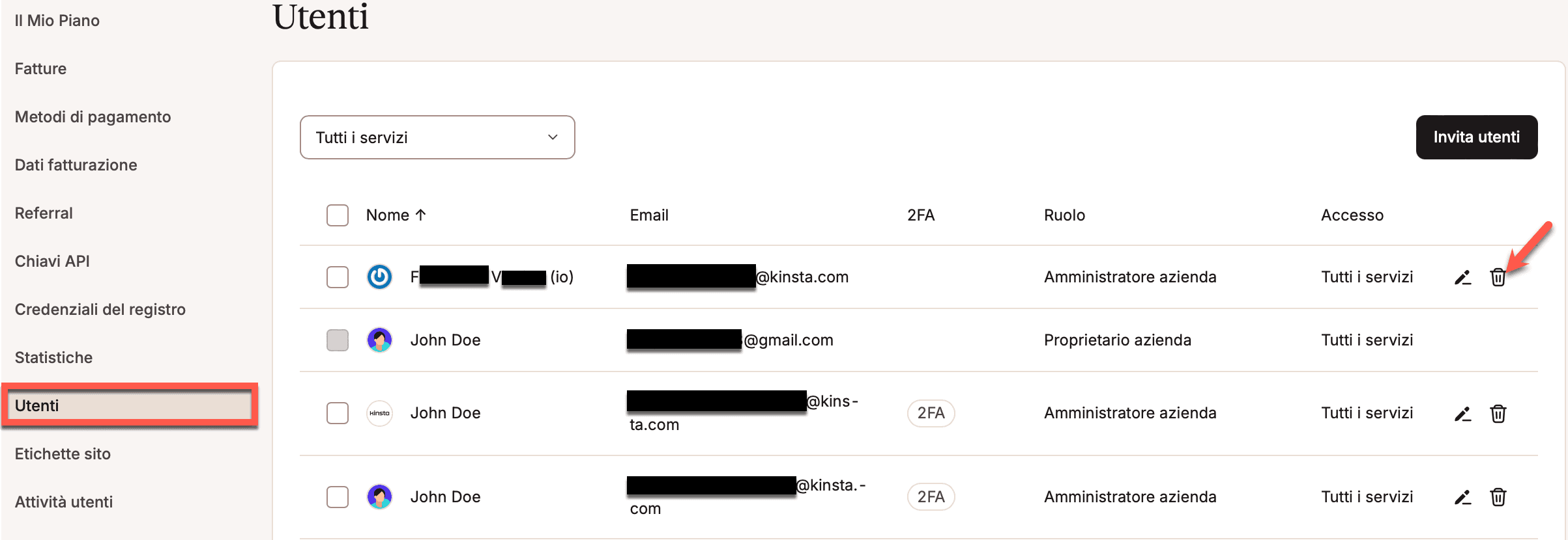 Rimuovere un utente da un'azienda in MyKinsta.