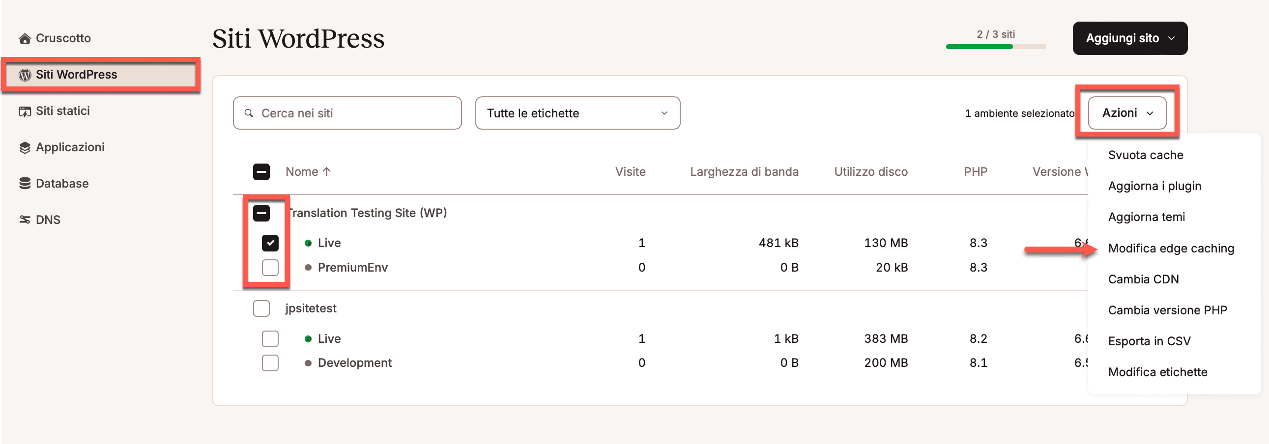 Selezionare gli ambienti per i quali si desidera disabilitare l'edge caching.